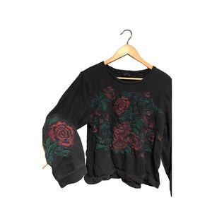 Lucky Brand | Black sweater rose embroidered front detail